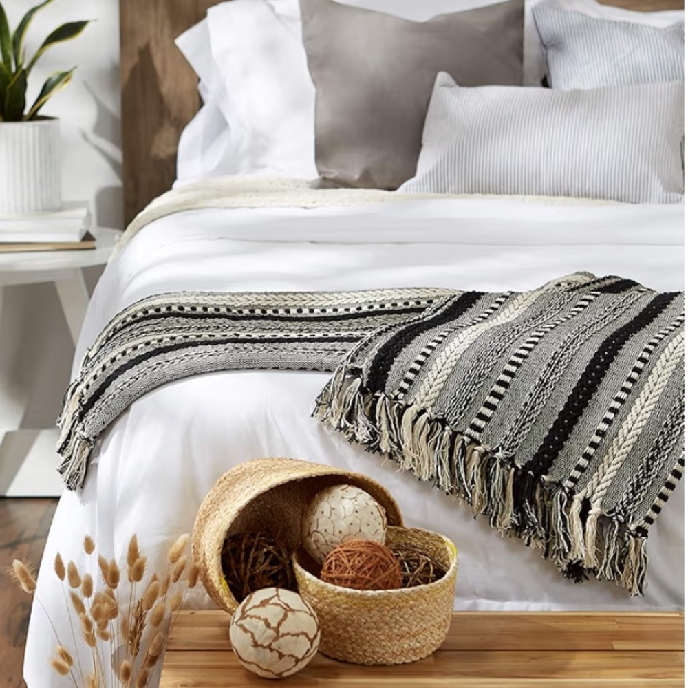 DII Boho Fringed Braided Striped Decorative Throw Blanket Black & Cream 50x60
